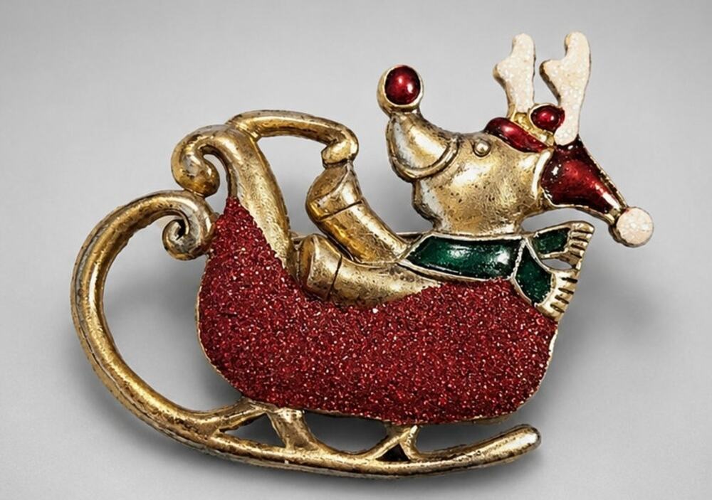 Vintage Large Christmas Brooch Pin‎ Reindeer Sled 2.5" Red Enamel Sparkly h-58